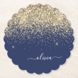 Gold Navy Blue Glitter Script Monogram Girly Name Kartonnen Onderzetters<br><div class="desc">Navy Blue and Gold Sparkle Glitter Script Monogram Name Paper Onderzetters. Dit maakt het perfecte afstuderen,  de verjaardag,  de bruiloft,  het vrijgezellenfeest,  de verjaardag,  het baby shower of het bachelorette feest cadeau voor iemand die van glam luxe en chic stijlen houdt.</div>