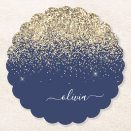 Gold Navy Blue Glitter Script Monogram Girly Name Kartonnen Onderzetters