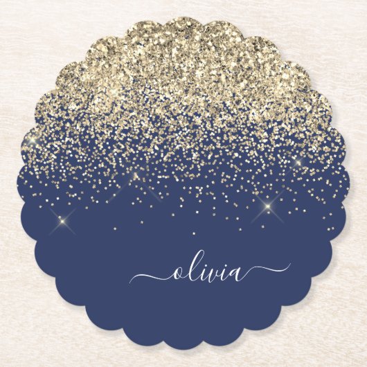 Gold Navy Blue Glitter Script Monogram Girly Name Kartonnen Onderzetters (Voorkant)