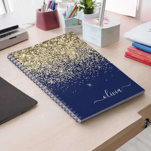 Gold Navy Blue Glitter Script Monogram Girly Name Notitieboek