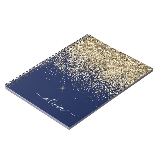 Gold Navy Blue Glitter Script Monogram Girly Name Notitieboek (Linkerzijde)