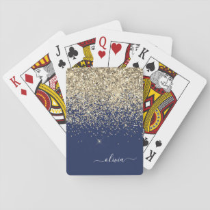 Gold Navy Blue Glitter Script Monogram Girly Name Pokerkaarten
