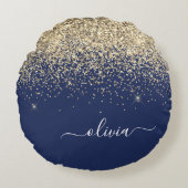 Gold Navy Blue Glitter Script Monogram Girly Name Rond Kussen (Voorkant)