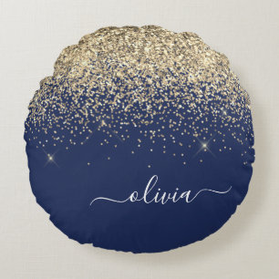 Gold Navy Blue Glitter Script Monogram Girly Name Rond Kussen