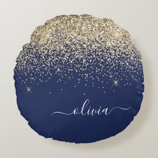 Gold Navy Blue Glitter Script Monogram Girly Name Rond Kussen (Voorkant)