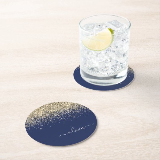 Gold Navy Blue Glitter Script Monogram Girly Name Ronde Kartonnen Onderzetter (Insitu)