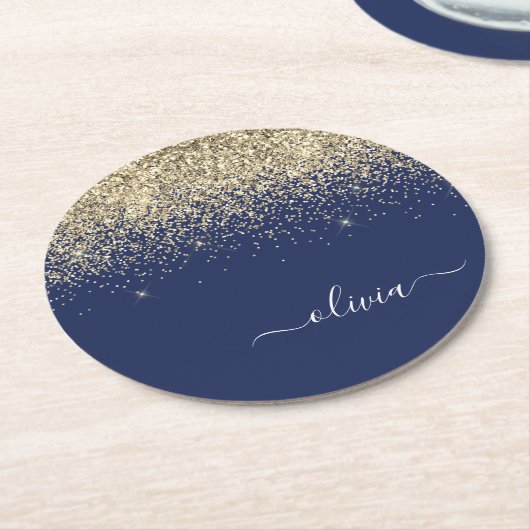 Gold Navy Blue Glitter Script Monogram Girly Name Ronde Kartonnen Onderzetter (Gebogen)