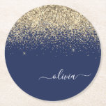 Gold Navy Blue Glitter Script Monogram Girly Name Ronde Kartonnen Onderzetter<br><div class="desc">Navy Blue and Gold Sparkle Glitter Script Monogram Name Paper Onderzetters. Dit maakt het perfecte afstuderen,  de verjaardag,  de bruiloft,  het vrijgezellenfeest,  de verjaardag,  het baby shower of het bachelorette feest cadeau voor iemand die van glam luxe en chic stijlen houdt.</div>