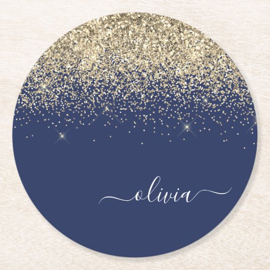 Gold Navy Blue Glitter Script Monogram Girly Name Ronde Kartonnen Onderzetter (Voorkant)