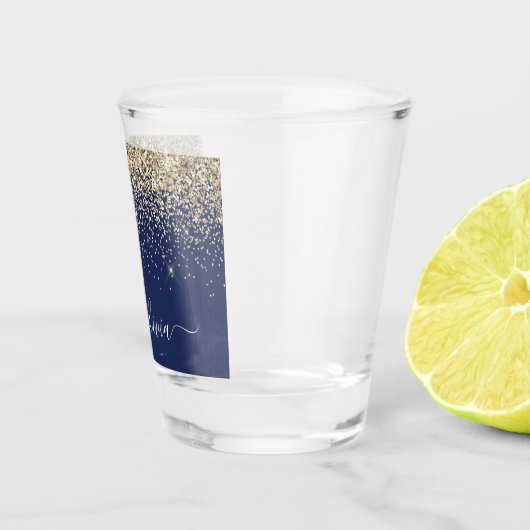 Gold Navy Blue Glitter Script Monogram Girly Name Shot Glas (Rechts)