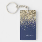 Gold Navy Blue Glitter Script Monogram Girly Name Sleutelhanger (Voorkant)