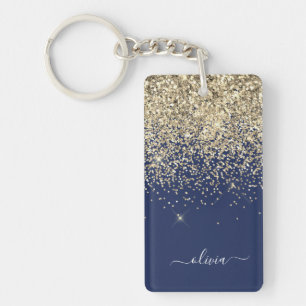 Gold Navy Blue Glitter Script Monogram Girly Name Sleutelhanger