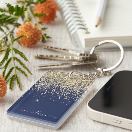 Gold Navy Blue Glitter Script Monogram Girly Name Sleutelhanger (Voorkant Rechts)