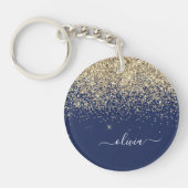 Gold Navy Blue Glitter Script Monogram Girly Name Sleutelhanger (Voorkant)