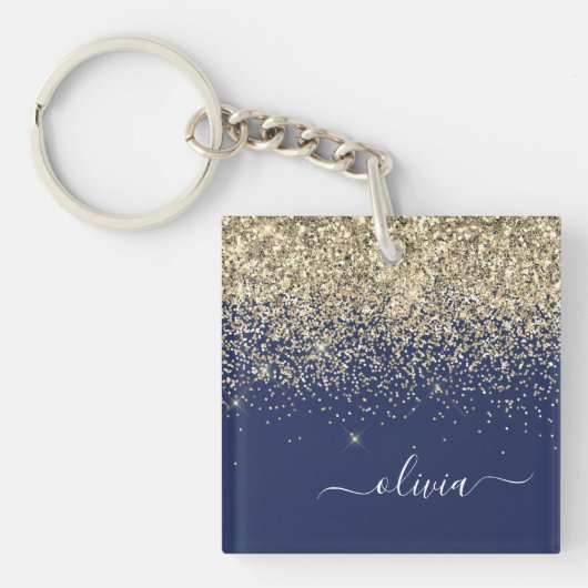 Gold Navy Blue Glitter Script Monogram Girly Name Sleutelhanger (voorkant)
