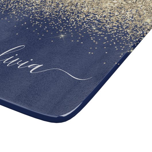 Gold Navy Blue Glitter Script Monogram Girly Name Snijplank (Hoek)