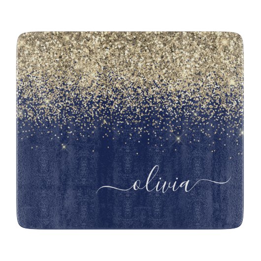Gold Navy Blue Glitter Script Monogram Girly Name Snijplank (Voorkant)