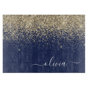 Gold Navy Blue Glitter Script Monogram Girly Name Snijplank