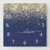 Gold Navy Blue Glitter Script Monogram Girly Name Vierkante Klok (Voorkant)