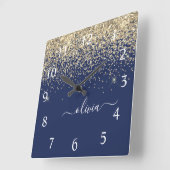 Gold Navy Blue Glitter Script Monogram Girly Name Vierkante Klok (Hoek)