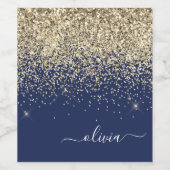 Gold Navy Blue Glitter Script Monogram Girly Name Wijn Etiket (Enkel label)