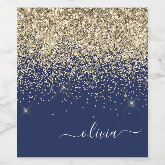 Gold Navy Blue Glitter Script Monogram Girly Name Wijn Etiket (Enkel label)