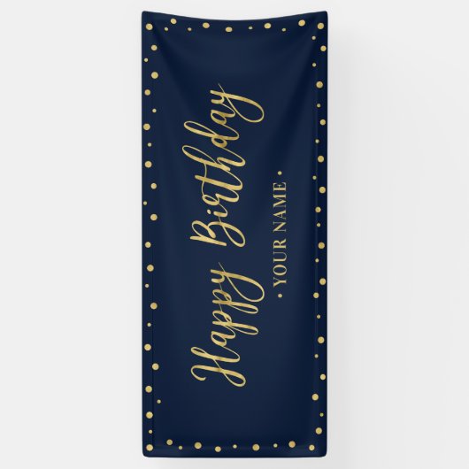 Gold & Navy Blue Happy Birthday Party-banner Spandoek (Verticaal)