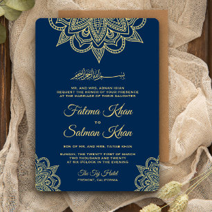 Gold Navy Blue Henna Mehndi Islamic Wedding Kaart