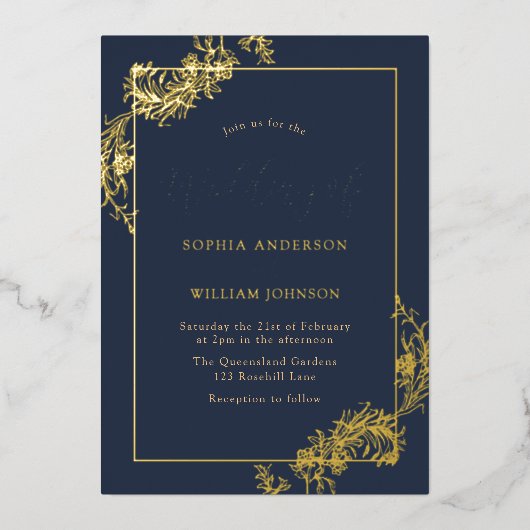 Gold Navy Blue  Lijst Wedding Real Folie Uitnodiging (Voorkant)
