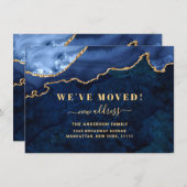 Gold & Navy Blue Marble Agate New Address Movement Aankondiging (Voorkant / Achterkant)