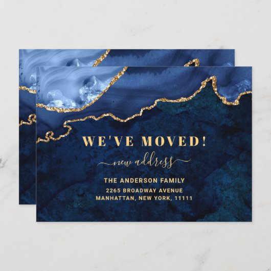 Gold & Navy Blue Marble Agate New Address Movement Aankondiging (Voorkant / Achterkant)