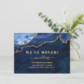 Gold & Navy Blue Marble Agate New Address Movement Aankondiging (Staand voorkant)