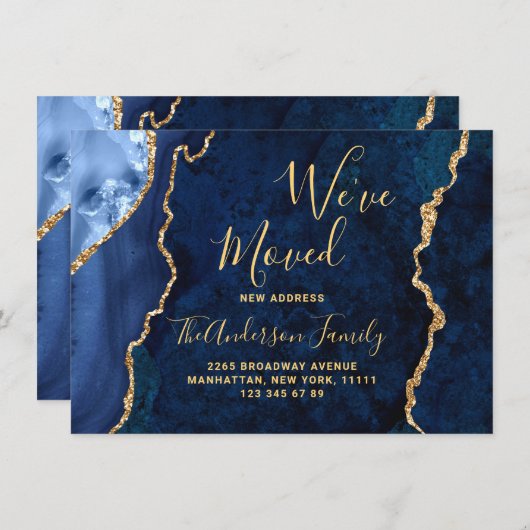 Gold & Navy Blue Marble Agate New Address Movement Aankondiging (Voorkant / Achterkant)
