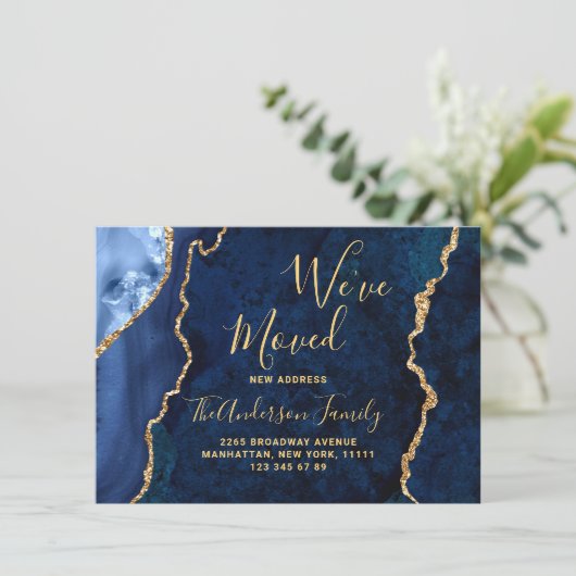 Gold & Navy Blue Marble Agate New Address Movement Aankondiging (Staand voorkant)