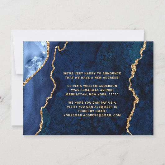 Gold & Navy Blue Marble Agate New Address Movement Aankondiging (Achterkant)
