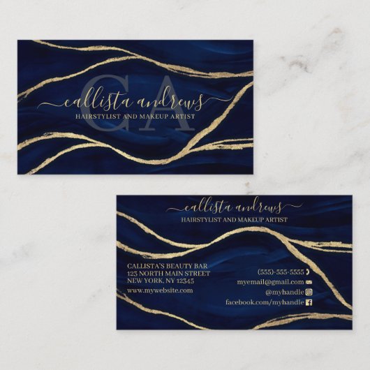 Gold Navy Blue Marble Signature Script Make-up Hai Visitekaartje (Voorkant / Achterkant)