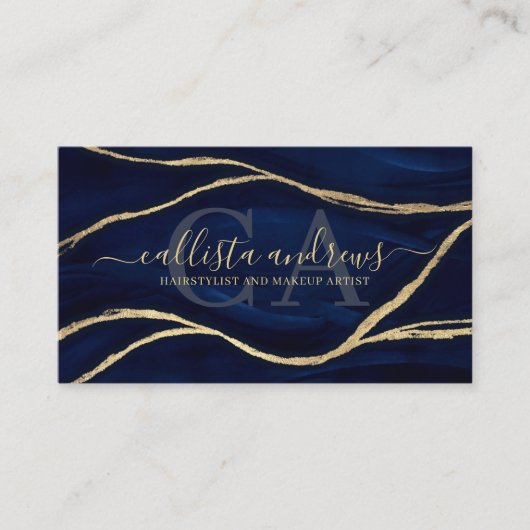 Gold Navy Blue Marble Signature Script Make-up Hai Visitekaartje (Voorkant)