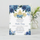 Gold & Navy Blue Mexican Mis Quince Invitation Kaart (Staand voorkant)