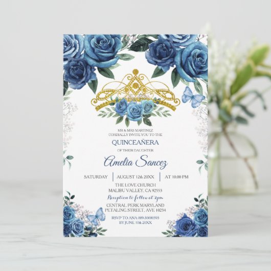 Gold & Navy Blue Mexican Mis Quince Invitation Kaart (Staand voorkant)