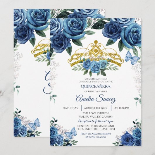 Gold & Navy Blue Mexican Mis Quince Invitation Kaart (Voorkant / Achterkant)