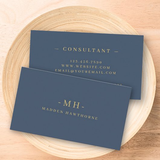 Gold Navy Blue Minimalist Elegant Monogram Initiaa Visitekaartje