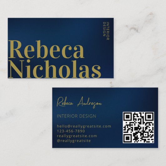 Gold Navy Blue | Minimalistische professionele QR- Visitekaartje (Voorkant / Achterkant)