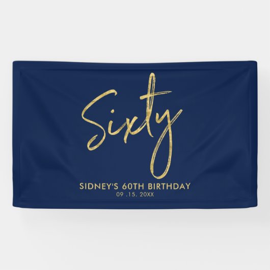 Gold Navy Blue Modern 60th Birthday Party Banner (Horizontaal)