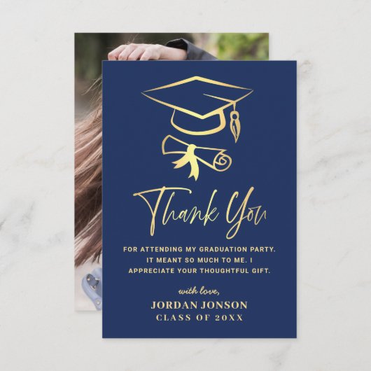 Gold Navy Blue Modern Afstuderen FOTO Bedankkaart (Voorkant / Achterkant)