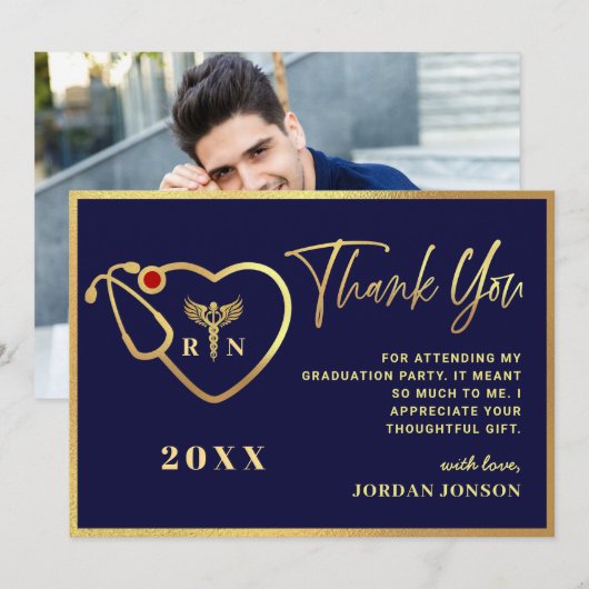 Gold Navy Blue Modern Nursing School Afstuderen Bedankkaart (Voorkant / Achterkant)