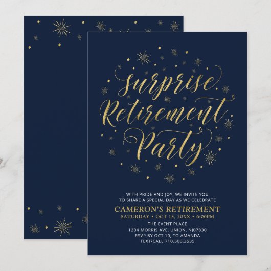 Gold & Navy Blue Modern Surtirement Party Kaart (Voorkant / Achterkant)