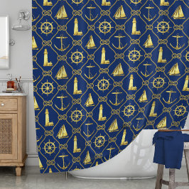 Gold Navy Blue Nautical Ships Rope Decor Douchegordijn