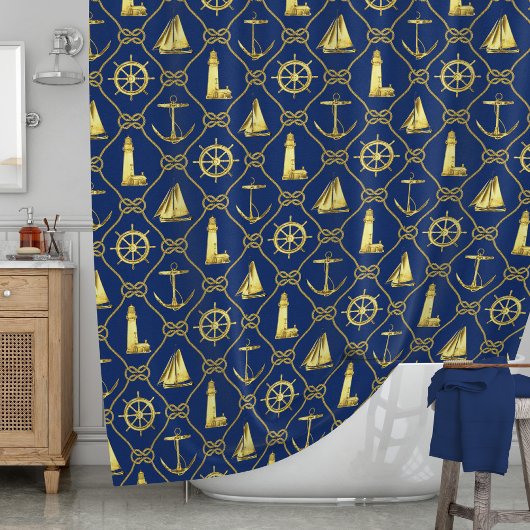 Gold Navy Blue Nautical Ships Rope Decor Douchegordijn