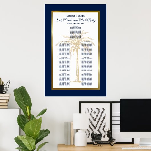 Gold Navy Blue Palm Tropical Wedding Seating Chart Poster (Thuiskantoor)