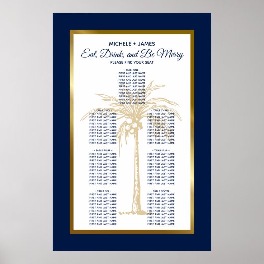 Gold Navy Blue Palm Tropical Wedding Seating Chart Poster (Voorkant)